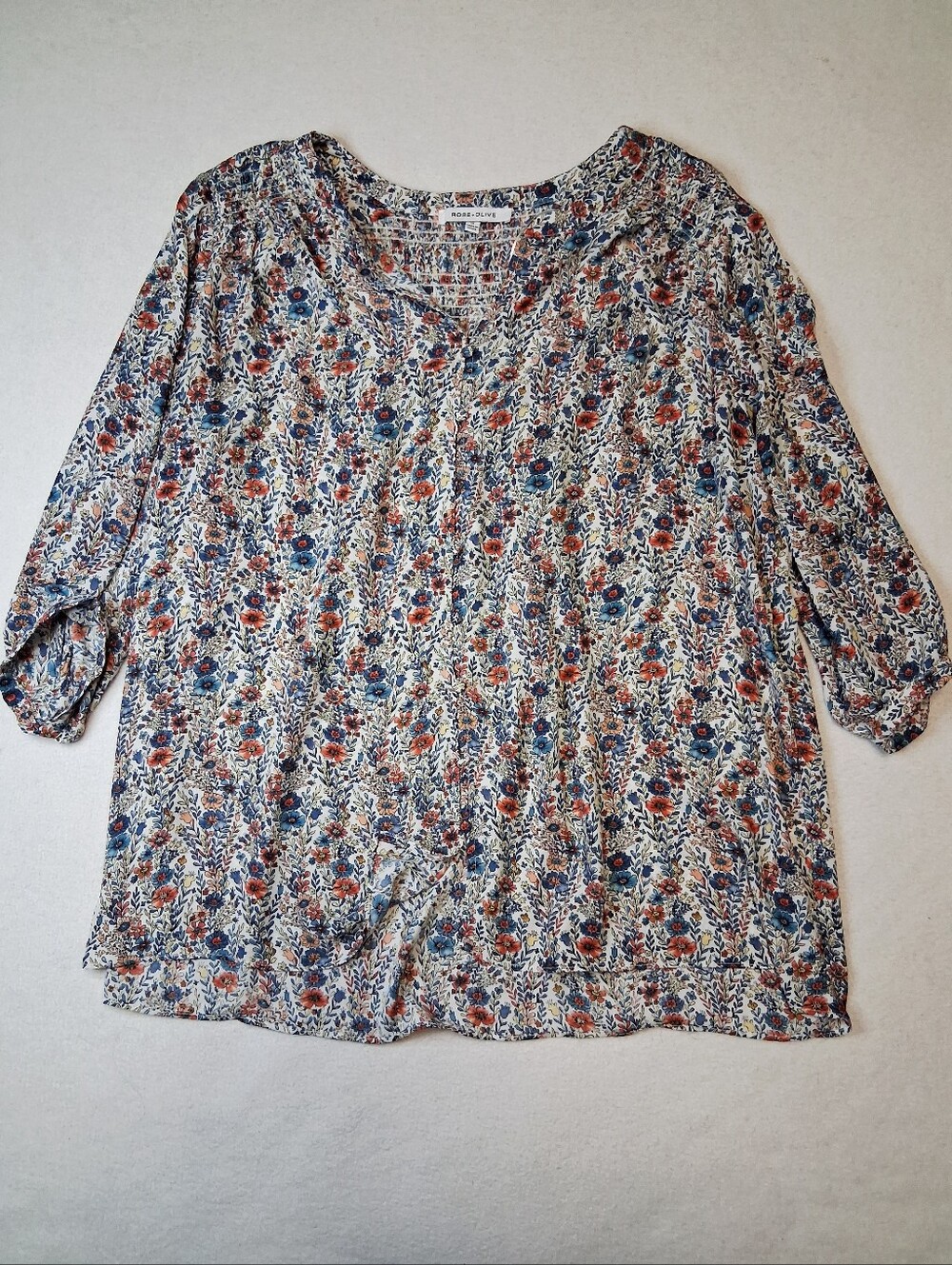 Rose & Olive Cream Floral V-Neck Blouse with Blue & Rust Flowers
